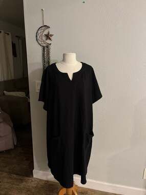 Susan Graver Weekend French Terry Short Sleeve Split Neck Dress with Pockets, 3X